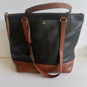 Fossile Genuine Leather Tote Purse Black Brown